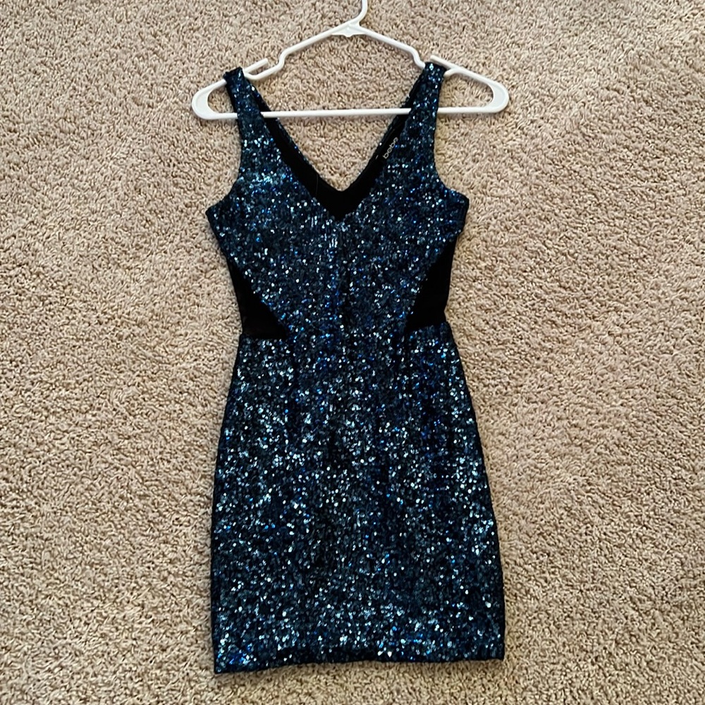Bebe Navy sequin with mesh cutouts dress